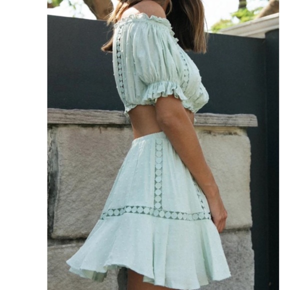 Boho Mint swiss dot off shoulder Puff Sleeve crop top skirt Set - Picture 3 of 9